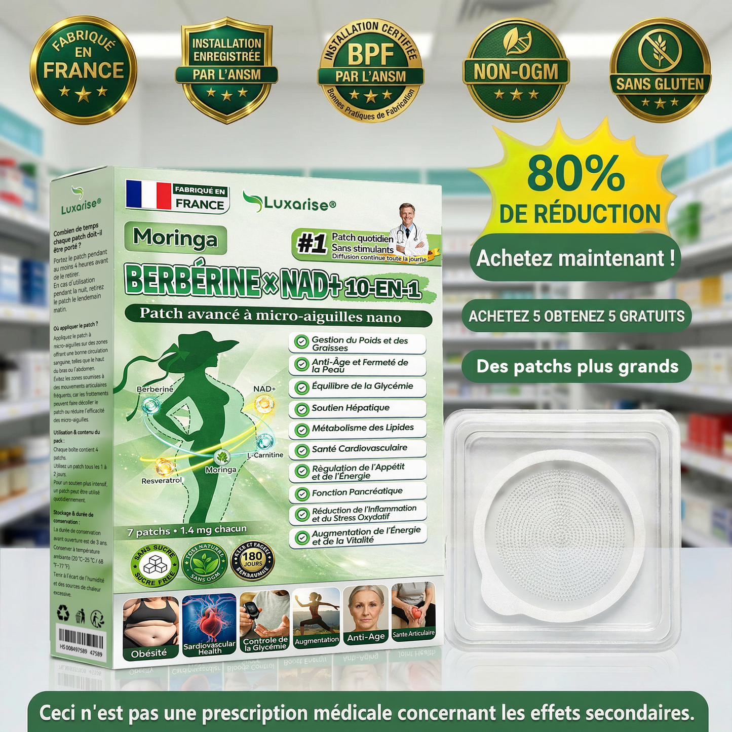 Magasin Officiel |  Luxarise® Moringa & Bérbérine 10-en-1 Patch Nanomicro-aiguilles Avancé👩‍⚕️ (Une application quotidienne, résultats visibles en 7 jours)🌵 Obésité, Diabète, Apnée du sommeil, Problèmes articulaires